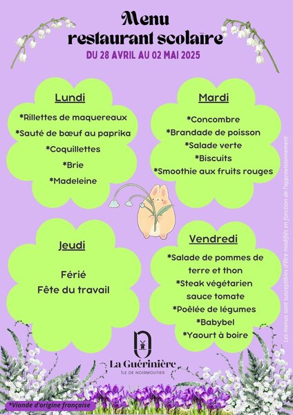 Menu cantine du 28 avril au 02 mai 2025
