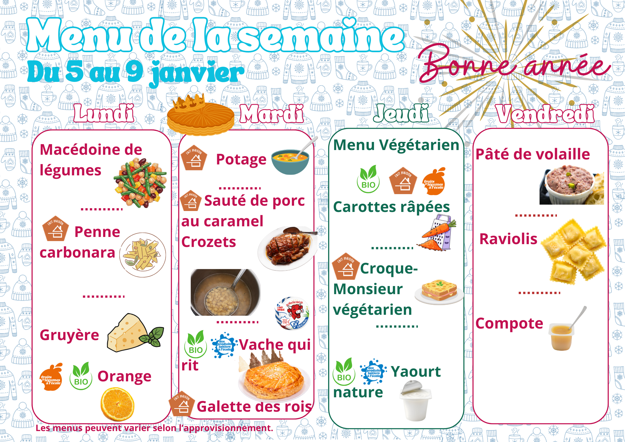 menu du 12 au 16 janvier
