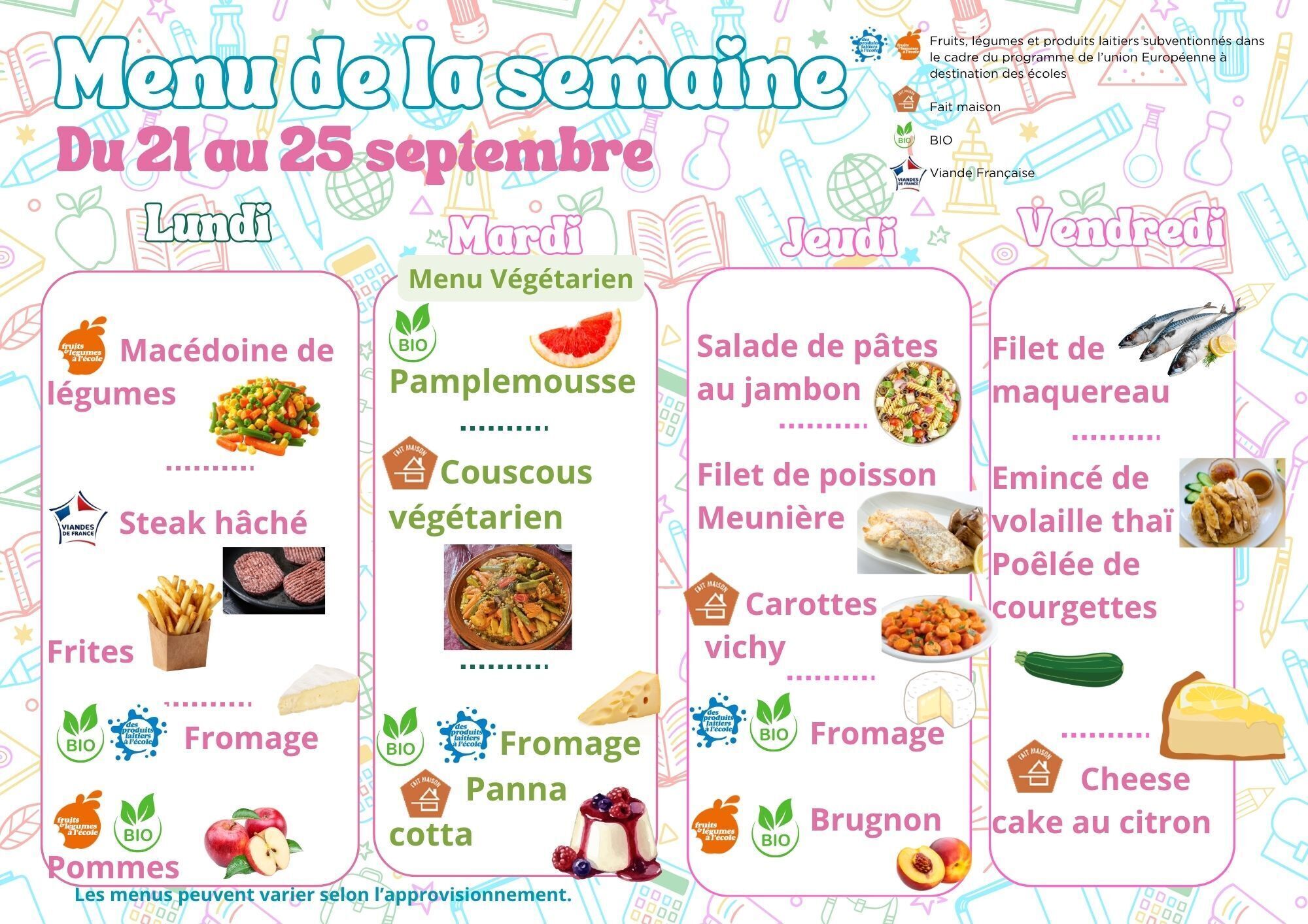 menu du 21 au 25 septembre