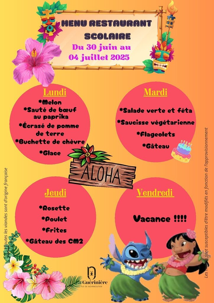 Menu du 30 juin au 4 juillet