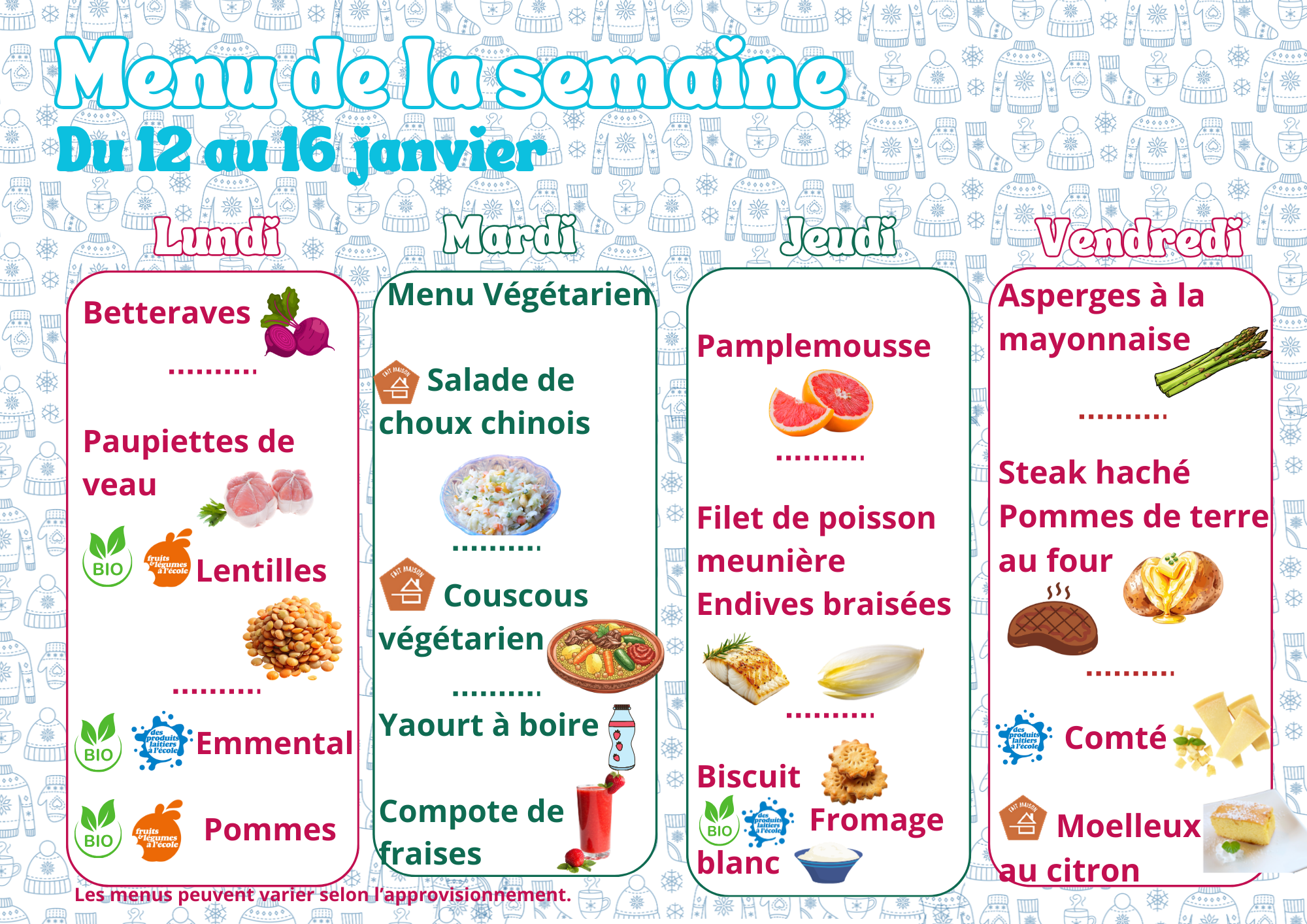 menu du 5 au 9 janvier 2026